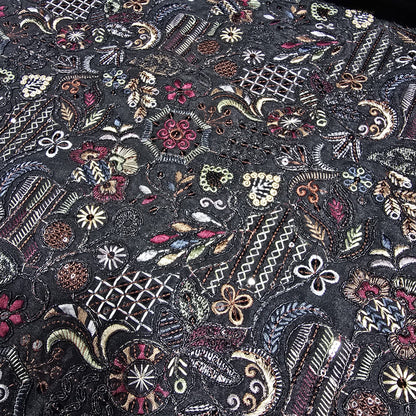 Black Premium Embroidered Faux Silk Fabric – Designer Floral & Paisley Pattern Luxury Dress Material by Meter