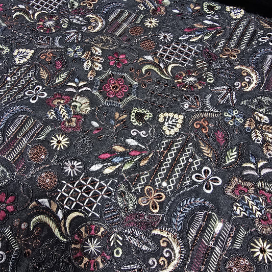 Black Premium Embroidered Faux Silk Fabric – Designer Floral & Paisley Pattern Luxury Dress Material by Meter
