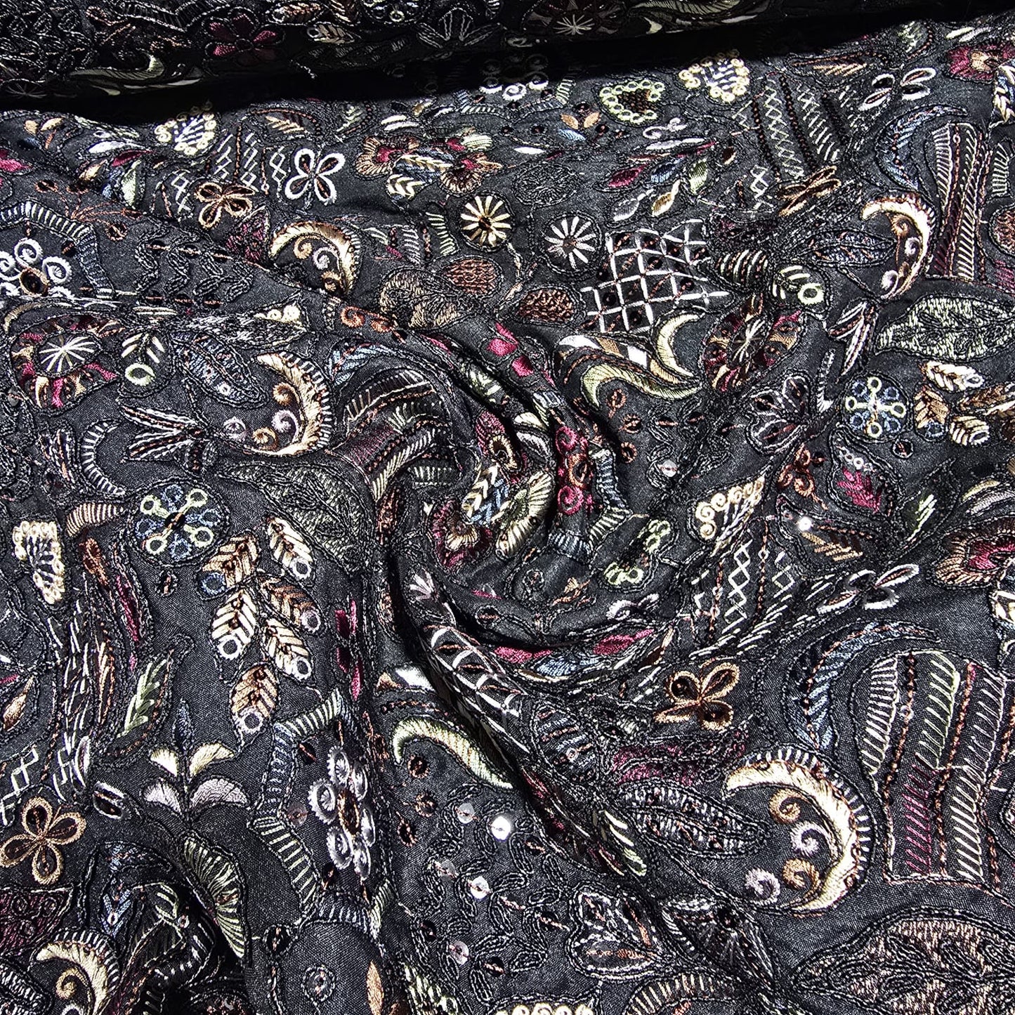 Black Premium Embroidered Faux Silk Fabric – Designer Floral & Paisley Pattern Luxury Dress Material by Meter