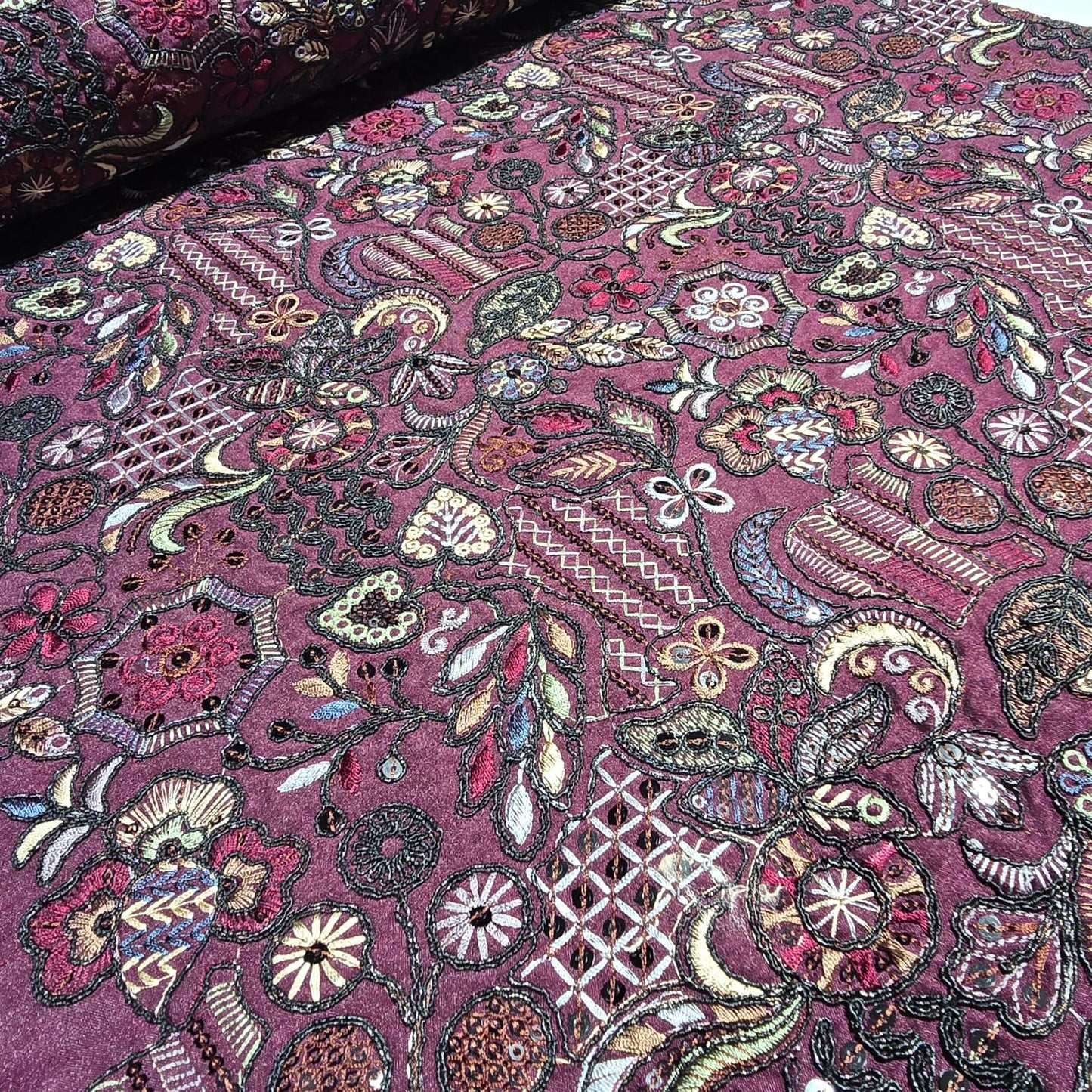 Plum Premium Embroidered Faux Silk Fabric – Designer Floral & Paisley Pattern Luxury Dress Material by Meter