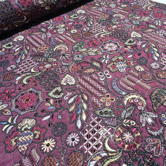 Plum Premium Embroidered Faux Silk Fabric – Designer Floral & Paisley Pattern Luxury Dress Material by Meter