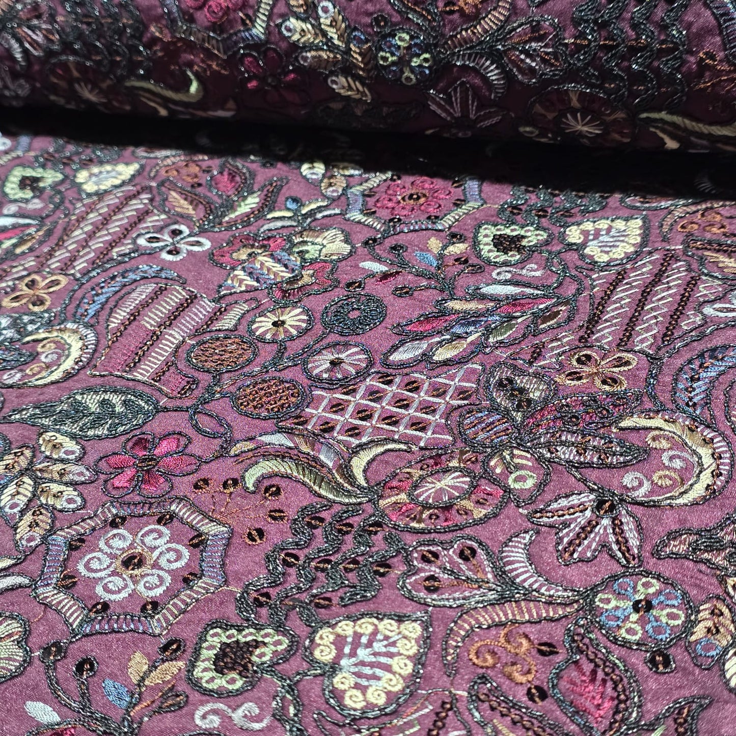 Plum Premium Embroidered Faux Silk Fabric – Designer Floral & Paisley Pattern Luxury Dress Material by Meter