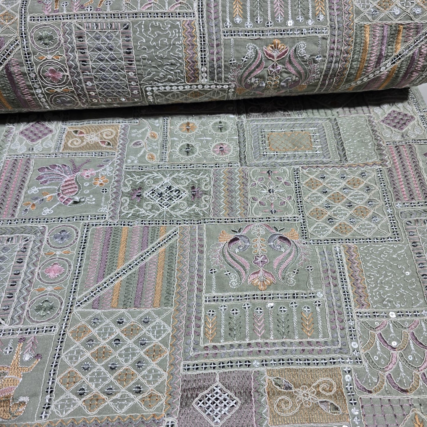 Sage Designer Tribal Embroidered Silk Fabric – Premium Ethnic Patchwork Pattern Dress Material by Meter