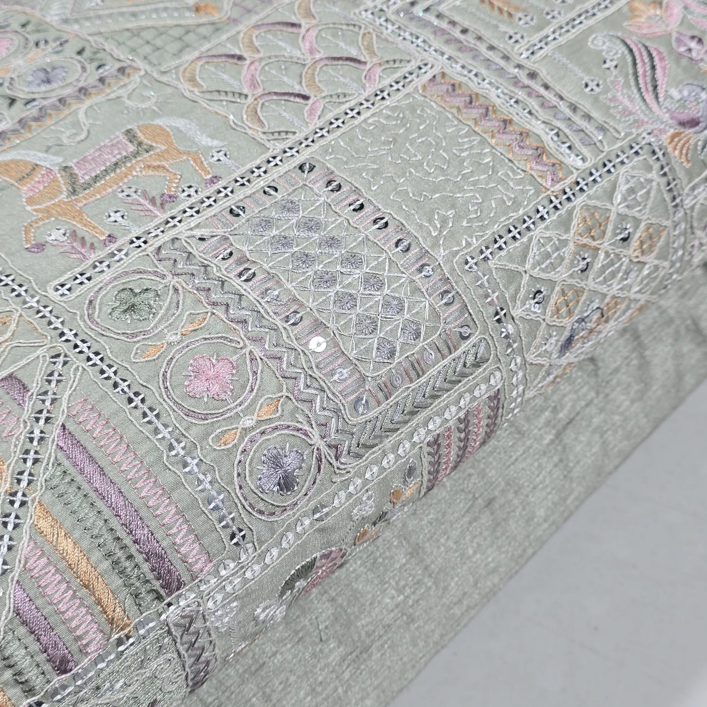 Sage Designer Tribal Embroidered Silk Fabric – Premium Ethnic Patchwork Pattern Dress Material by Meter