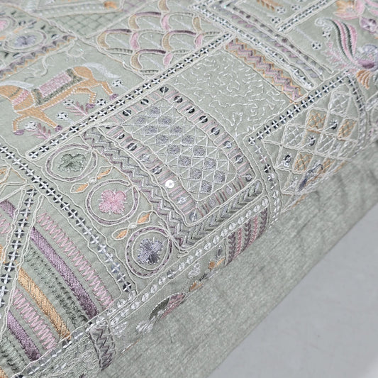 Sage Designer Tribal Embroidered Silk Fabric – Premium Ethnic Patchwork Pattern Dress Material by Meter
