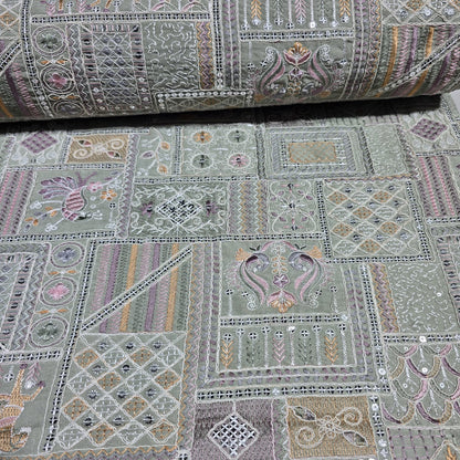 Sage Designer Tribal Embroidered Silk Fabric – Premium Ethnic Patchwork Pattern Dress Material by Meter