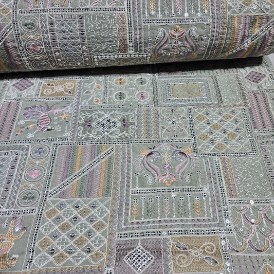 Sage Designer Tribal Embroidered Silk Fabric – Premium Ethnic Patchwork Pattern Dress Material by Meter