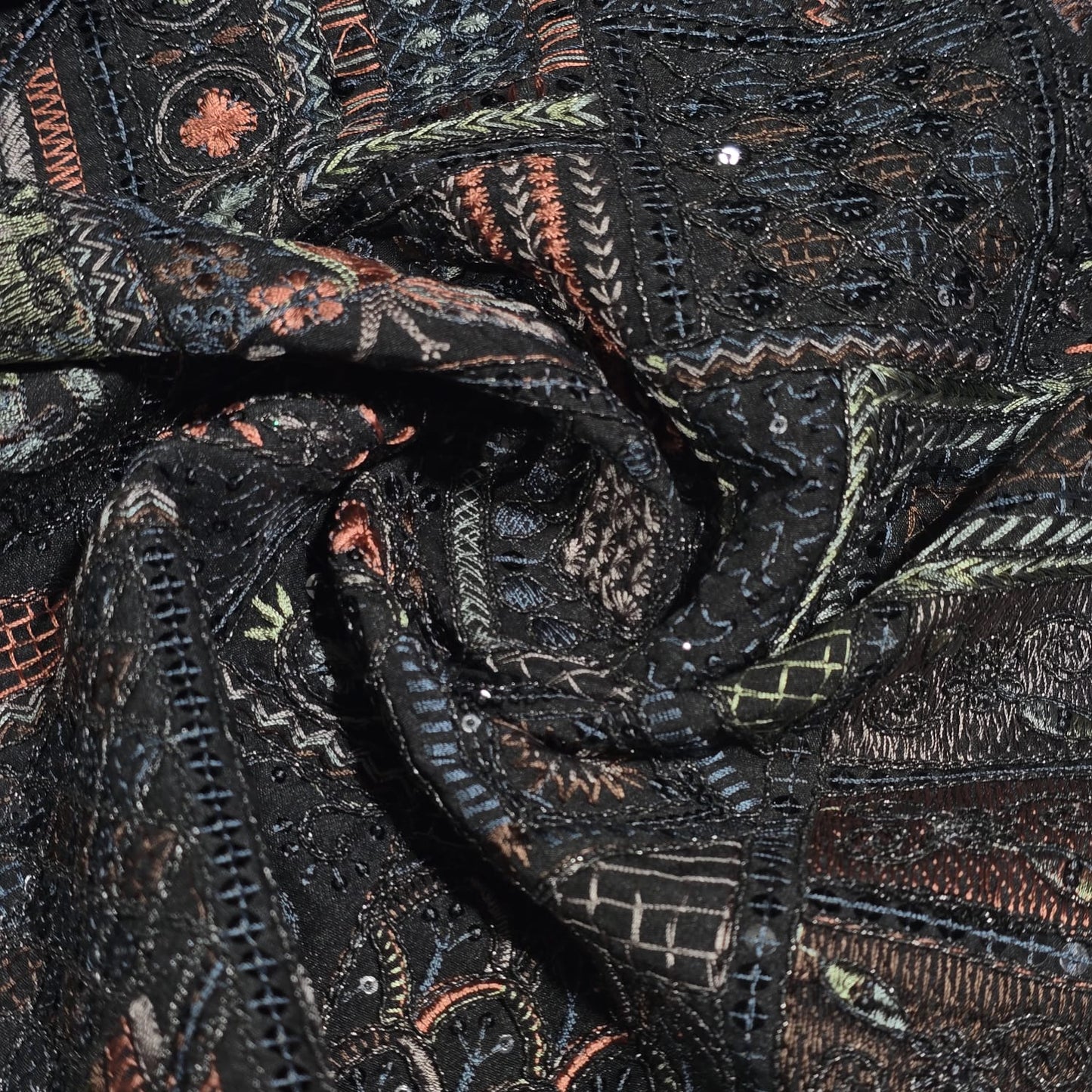 Black Designer Tribal Embroidered Silk Fabric – Premium Ethnic Patchwork Pattern Dress Material by Meter
