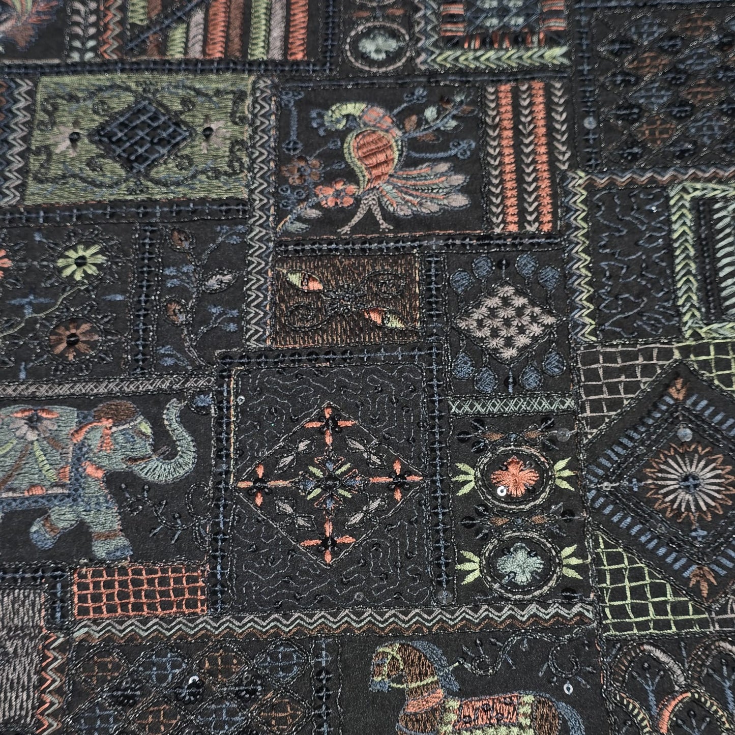 Black Designer Tribal Embroidered Silk Fabric – Premium Ethnic Patchwork Pattern Dress Material by Meter