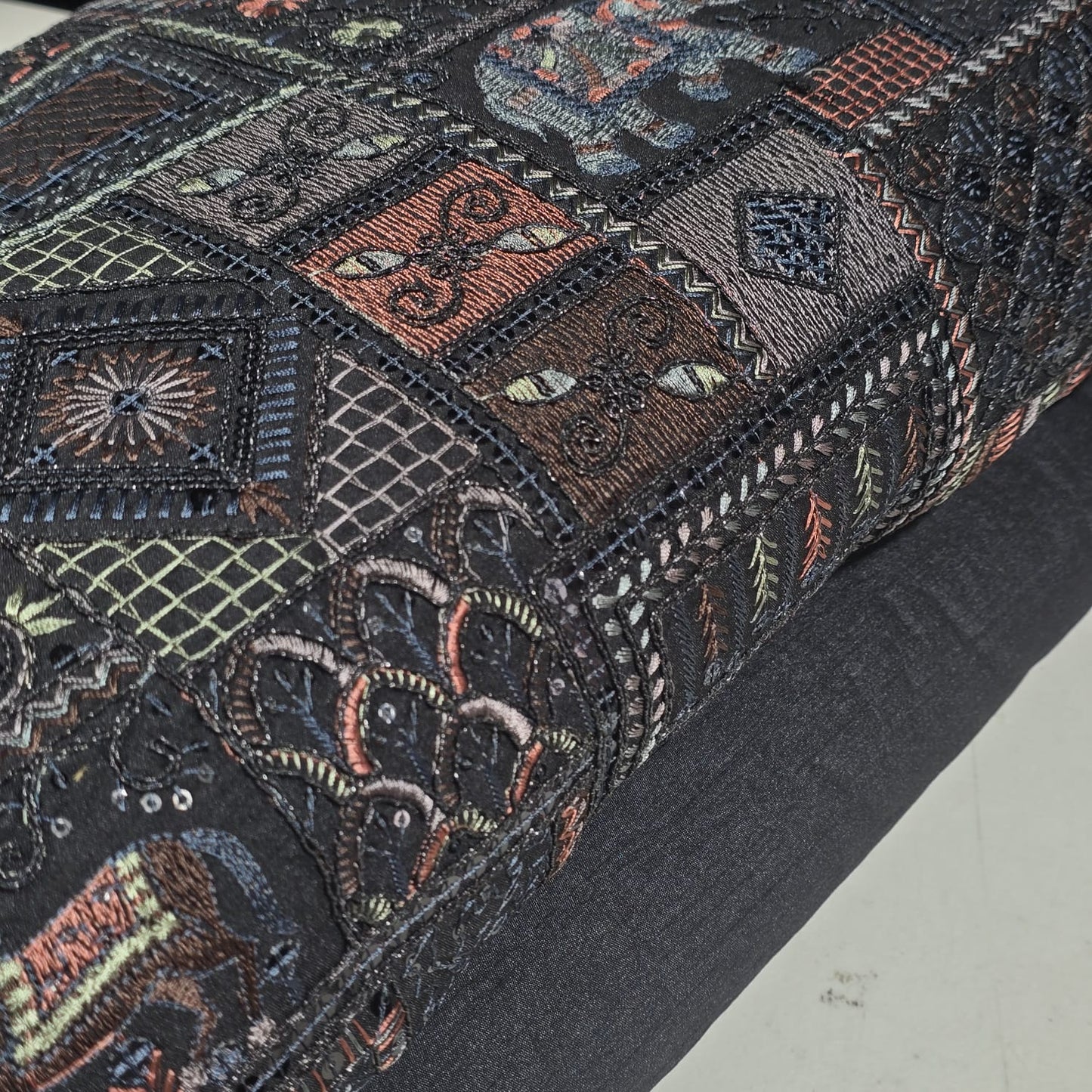 Black Designer Tribal Embroidered Silk Fabric – Premium Ethnic Patchwork Pattern Dress Material by Meter