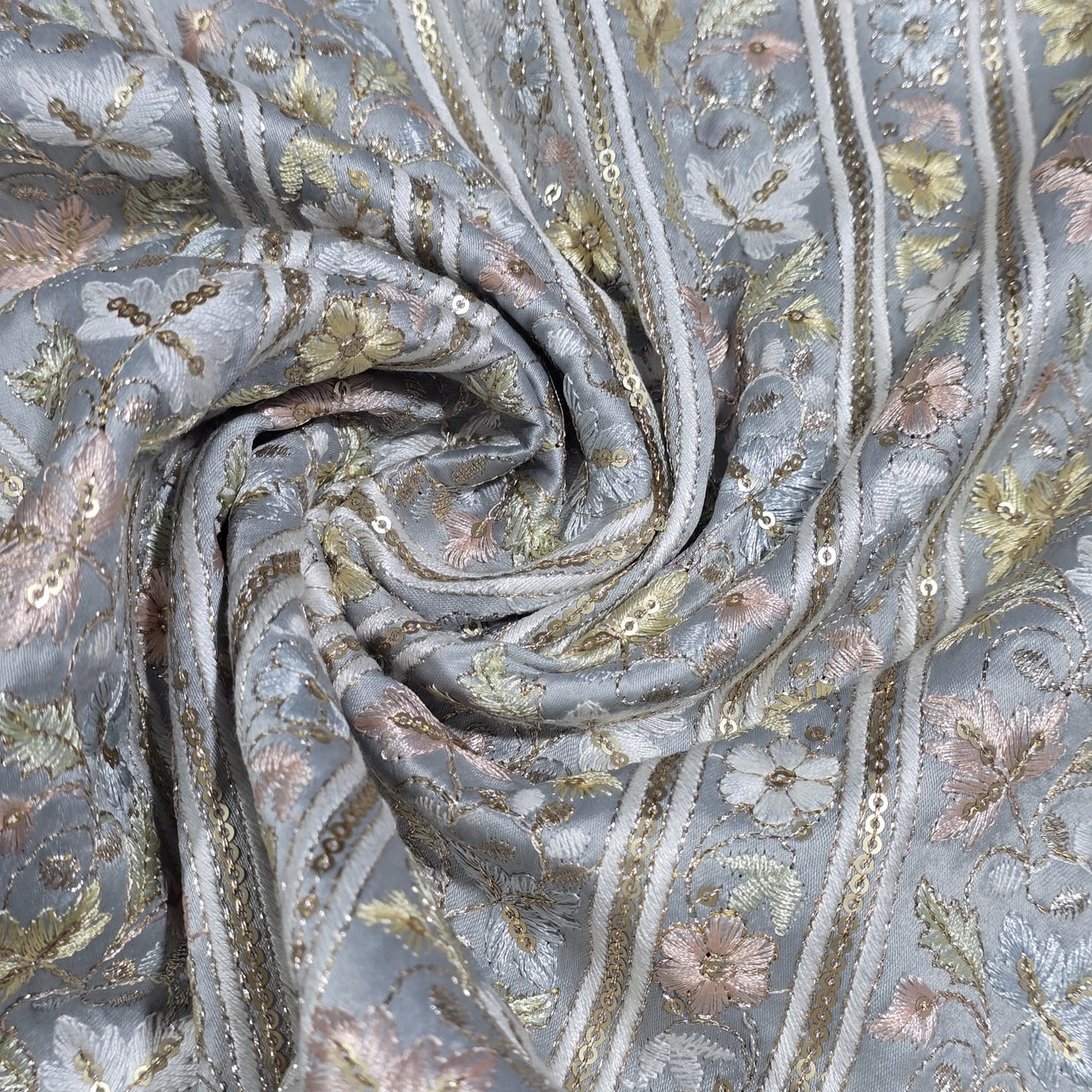Silver Premium Floral Embroidered Sequin Silk Fabric – Designer Stripe Pattern Dress Material by Meter