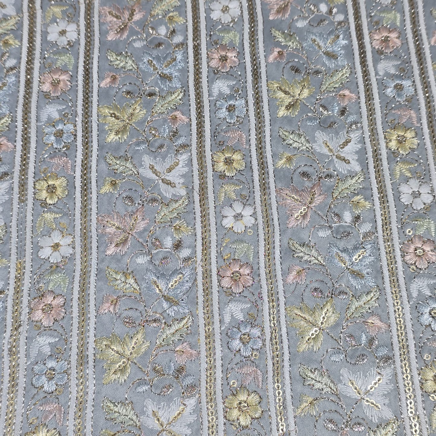 Silver Premium Floral Embroidered Sequin Silk Fabric – Designer Stripe Pattern Dress Material by Meter