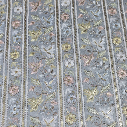 Silver Premium Floral Embroidered Sequin Silk Fabric – Designer Stripe Pattern Dress Material by Meter