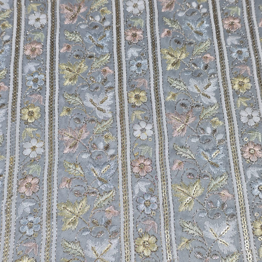 Silver Premium Floral Embroidered Sequin Silk Fabric – Designer Stripe Pattern Dress Material by Meter