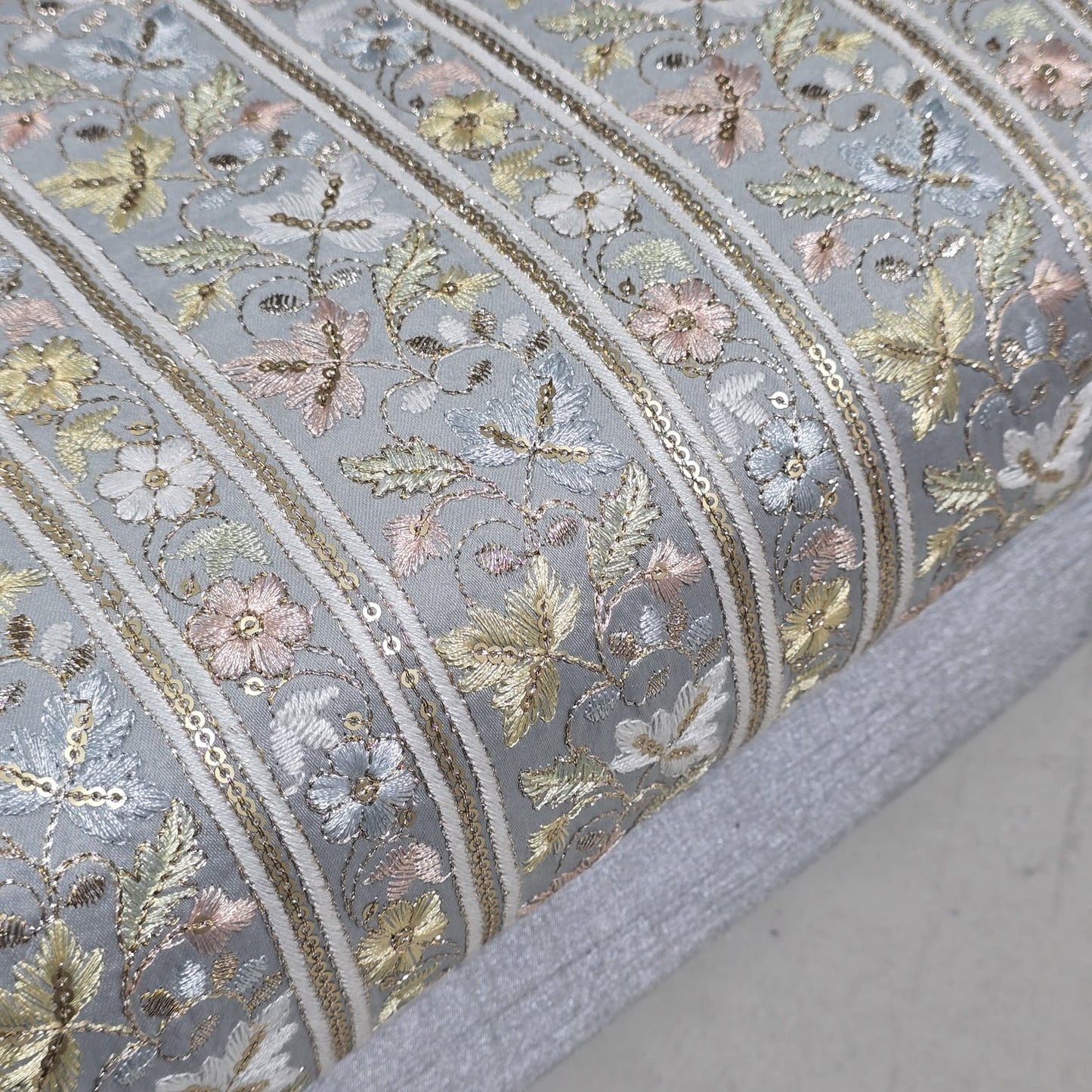 Silver Premium Floral Embroidered Sequin Silk Fabric – Designer Stripe Pattern Dress Material by Meter