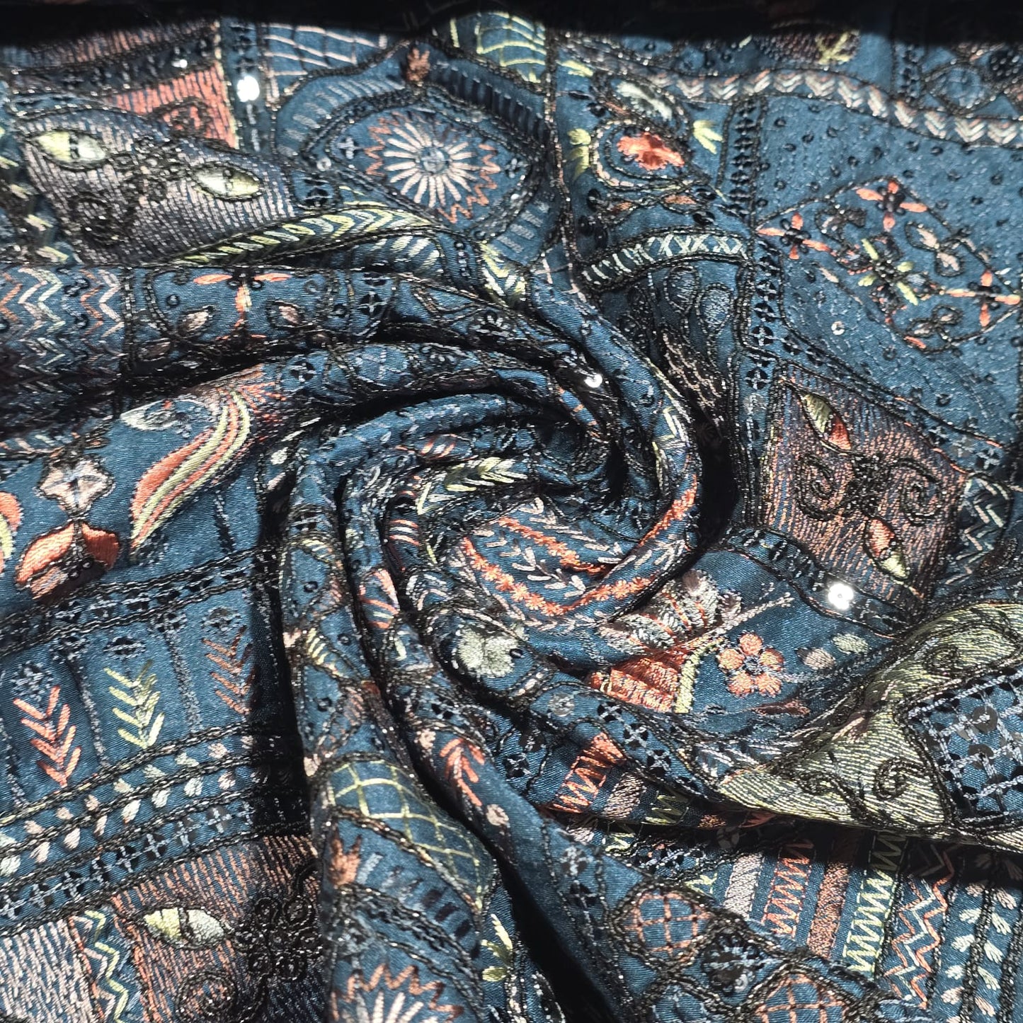 Teal Designer Tribal Embroidered Silk Fabric – Premium Ethnic Patchwork Pattern Dress Material by Meter