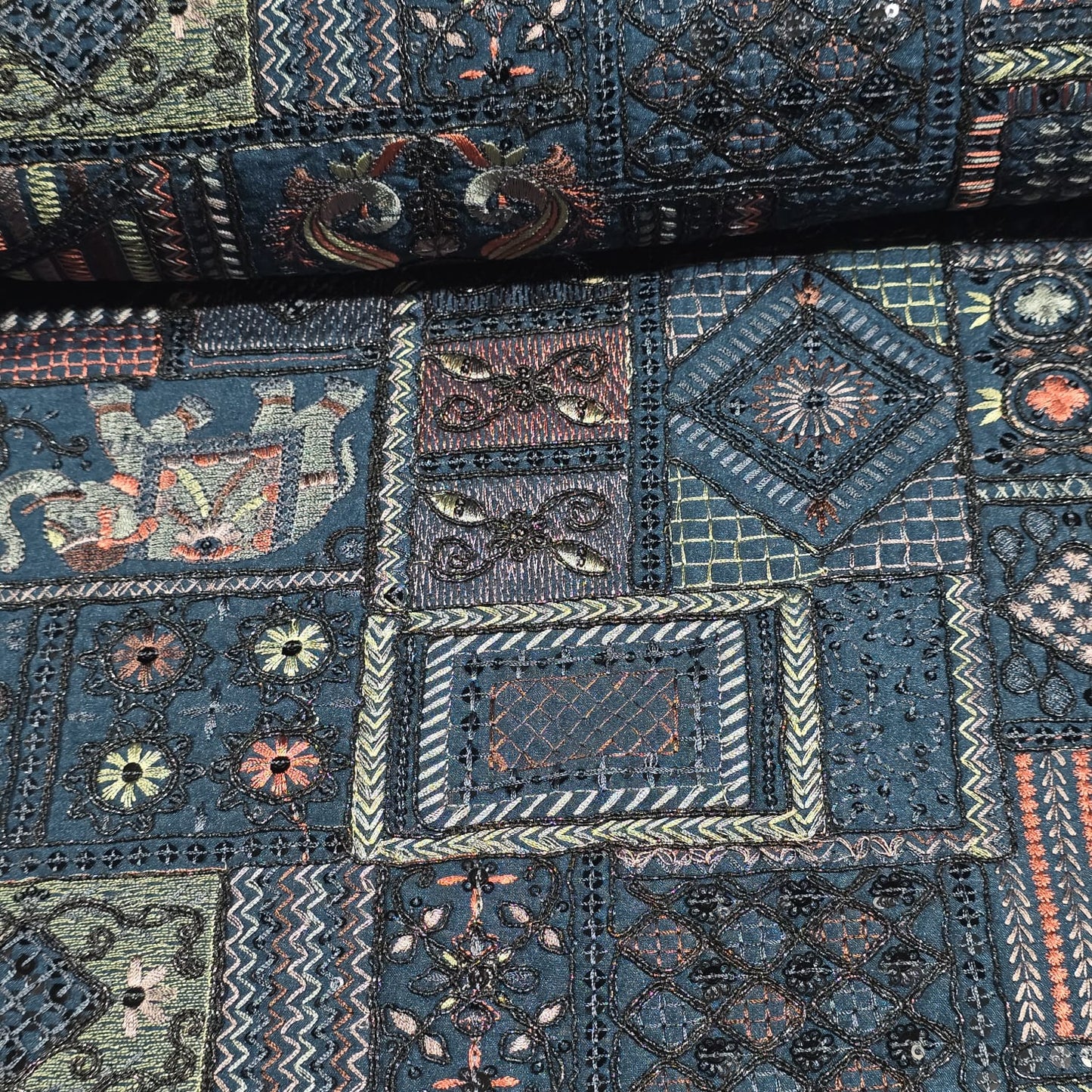Teal Designer Tribal Embroidered Silk Fabric – Premium Ethnic Patchwork Pattern Dress Material by Meter
