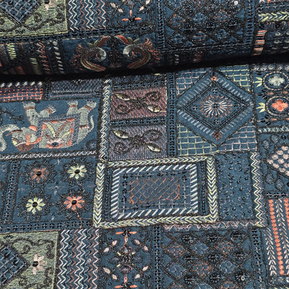 Teal Designer Tribal Embroidered Silk Fabric – Premium Ethnic Patchwork Pattern Dress Material by Meter