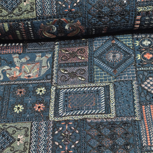 Teal Designer Tribal Embroidered Silk Fabric – Premium Ethnic Patchwork Pattern Dress Material by Meter