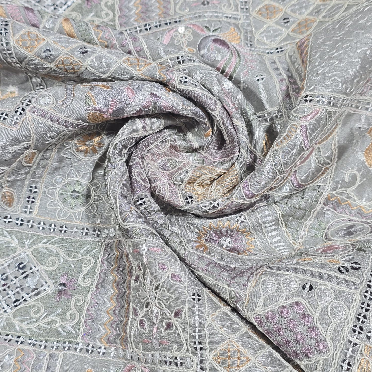 Silver Designer Tribal Embroidered Silk Fabric – Premium Ethnic Patchwork Pattern Dress Material by Meter
