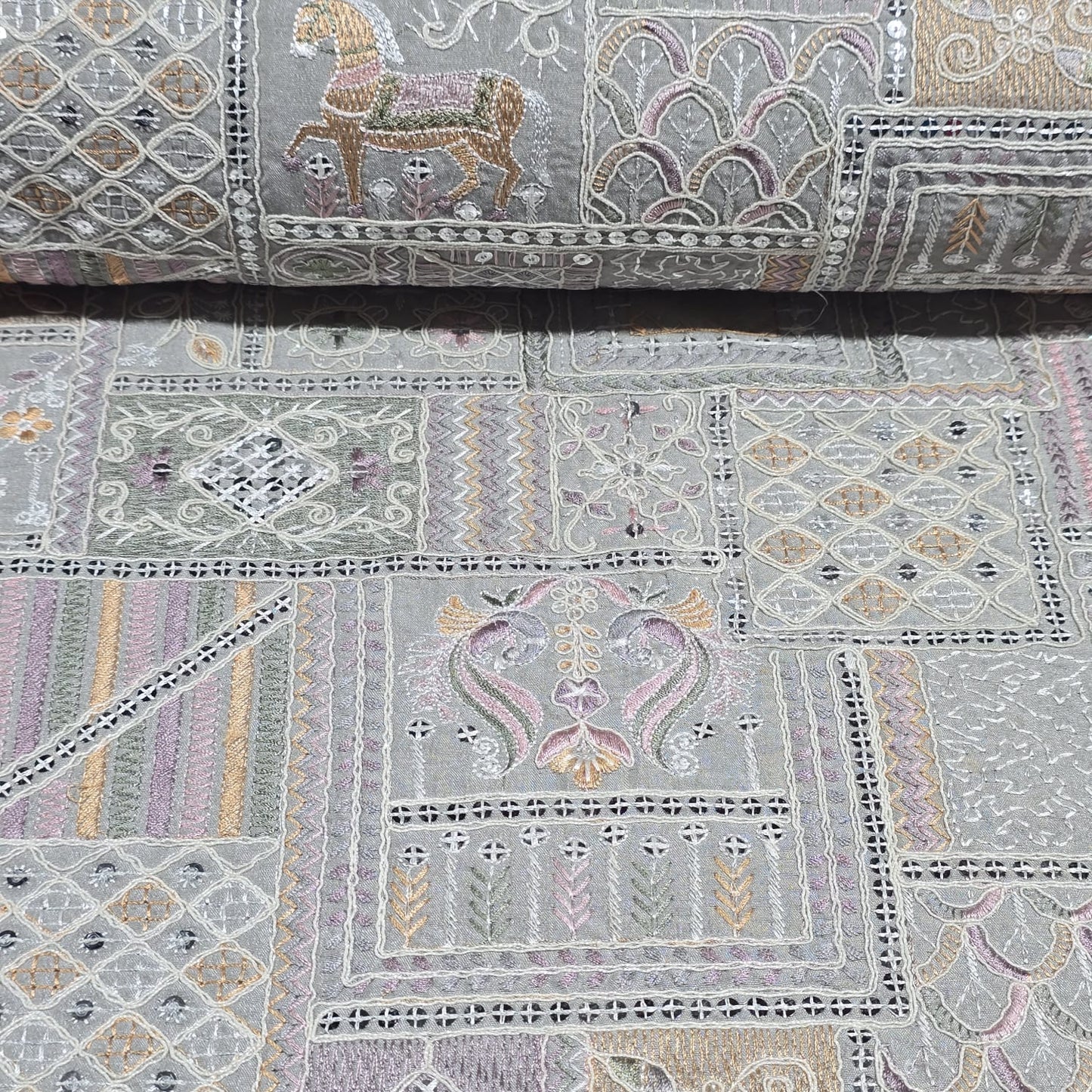 Silver Designer Tribal Embroidered Silk Fabric – Premium Ethnic Patchwork Pattern Dress Material by Meter