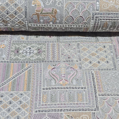 Silver Designer Tribal Embroidered Silk Fabric – Premium Ethnic Patchwork Pattern Dress Material by Meter