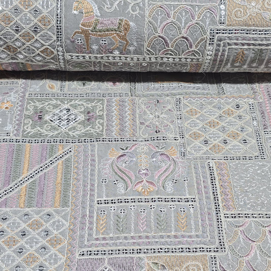 Silver Designer Tribal Embroidered Silk Fabric – Premium Ethnic Patchwork Pattern Dress Material by Meter