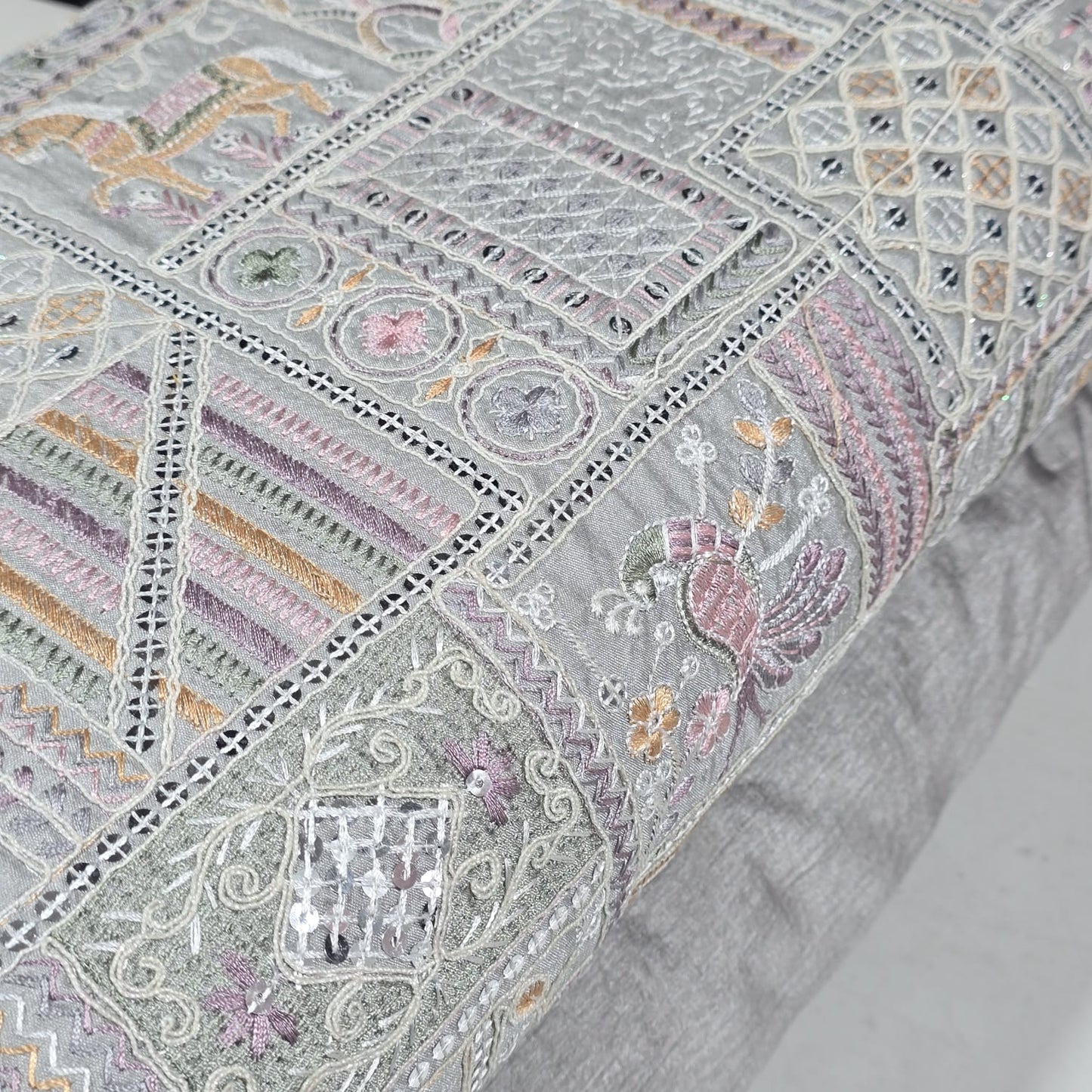 Silver Designer Tribal Embroidered Silk Fabric – Premium Ethnic Patchwork Pattern Dress Material by Meter