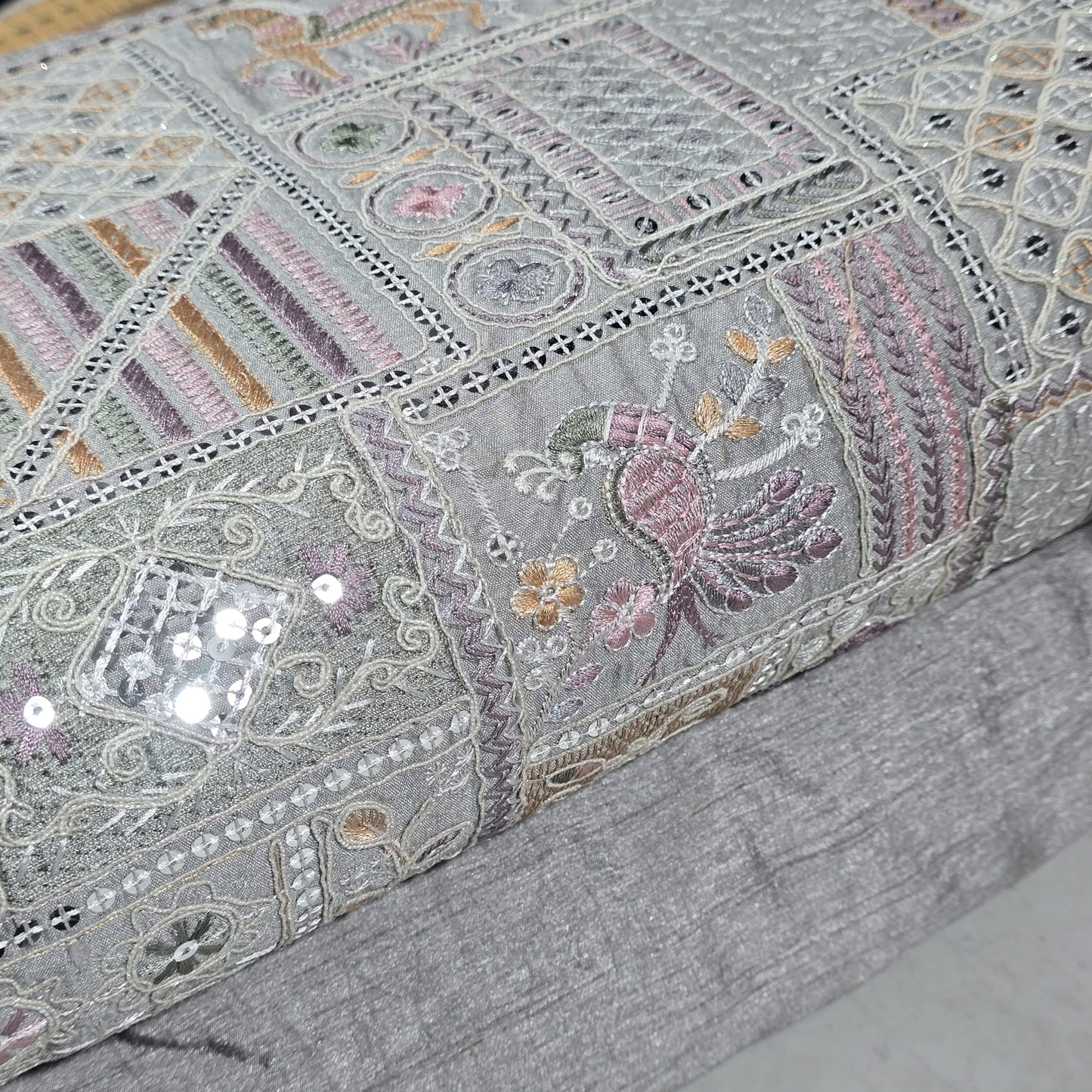 Silver Designer Tribal Embroidered Silk Fabric – Premium Ethnic Patchwork Pattern Dress Material by Meter