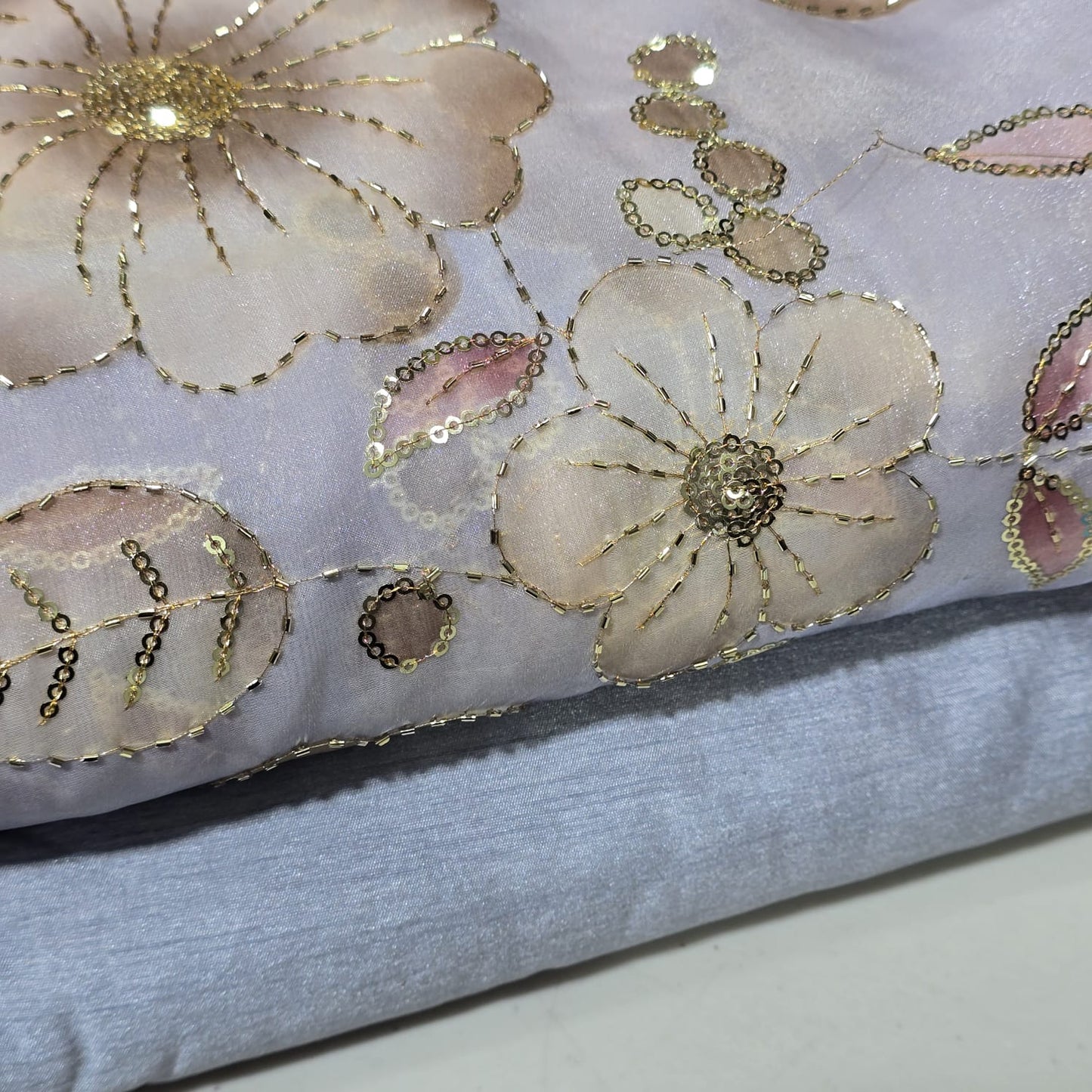 Silver Luxury Floral Bead Embroidered Organza Fabric Sheer Dress Wedding Saree Craft Material 44" By the Meter