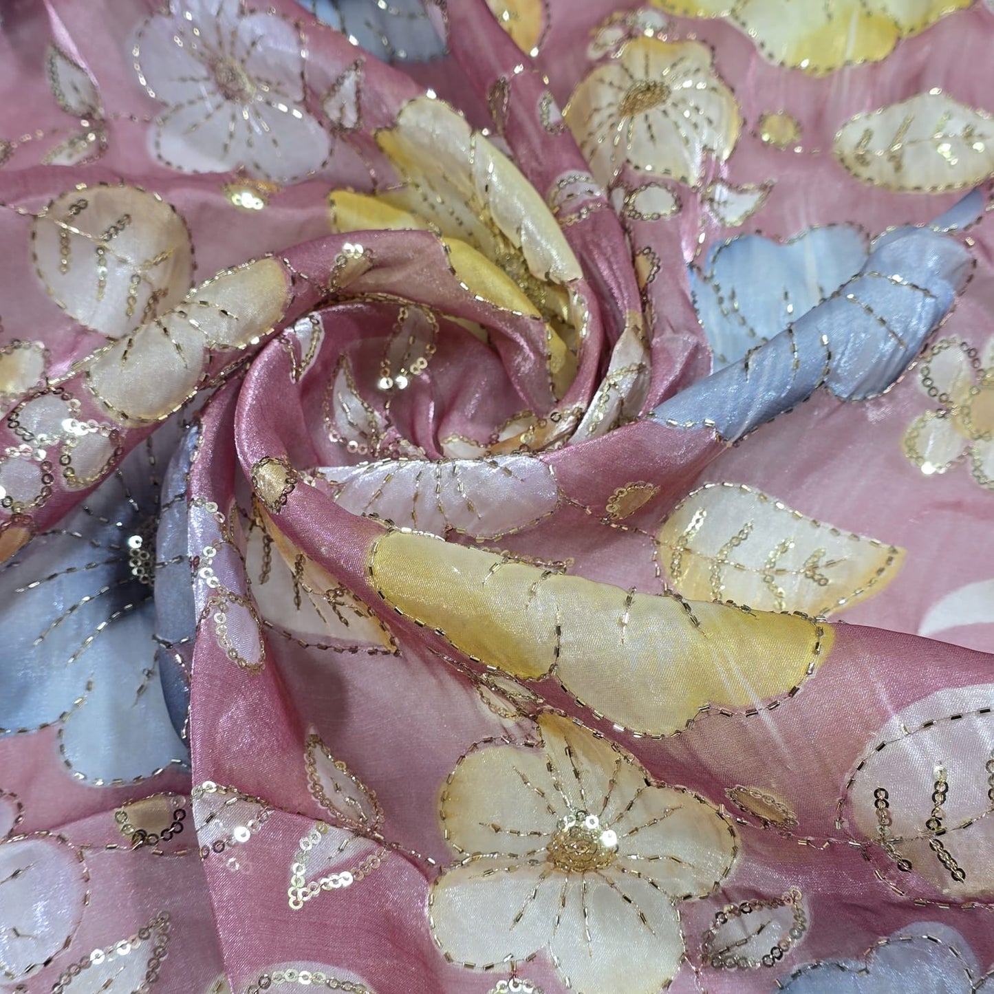 Winter Pink Luxury Floral Bead Embroidered Organza Fabric Sheer Dress Wedding Saree Craft Material 44" By the Meter