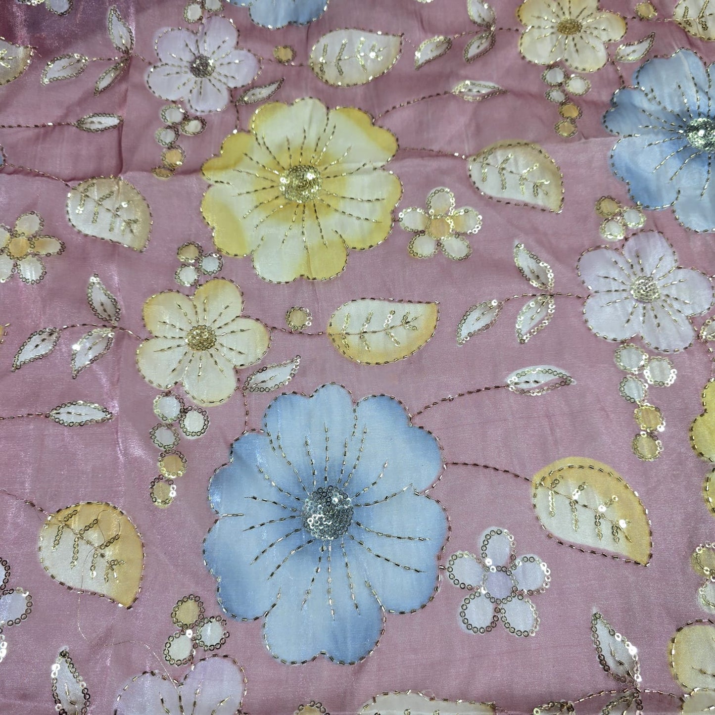 Winter Pink Luxury Floral Bead Embroidered Organza Fabric Sheer Dress Wedding Saree Craft Material 44" By the Meter