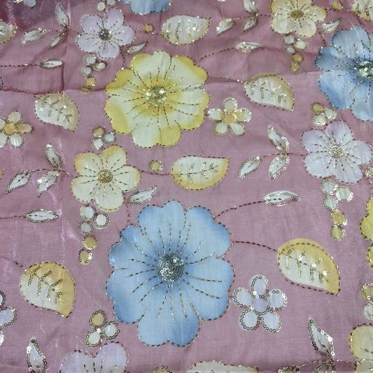 Winter Pink Luxury Floral Bead Embroidered Organza Fabric Sheer Dress Wedding Saree Craft Material 44" By the Meter