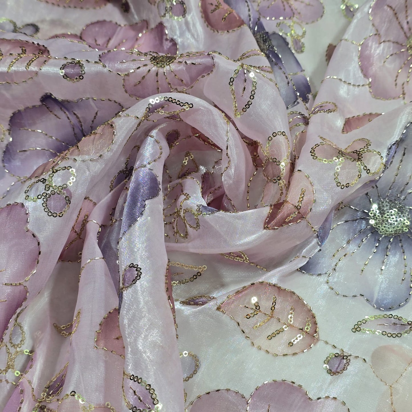 Pink Luxury Floral Bead Embroidered Organza Fabric Sheer Dress Wedding Saree Craft Material 44" By the Meter
