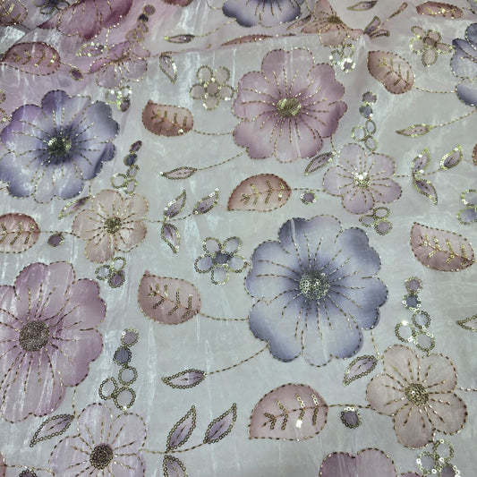Pink Luxury Floral Bead Embroidered Organza Fabric Sheer Dress Wedding Saree Craft Material 44" By the Meter