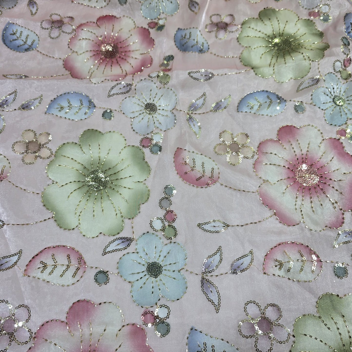 Dusty Pink Luxury Floral Bead Embroidered Organza Fabric Sheer Dress Wedding Saree Craft Material 44" By the Meter