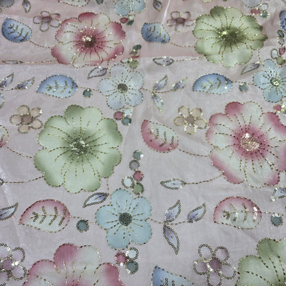 Dusty Pink Luxury Floral Bead Embroidered Organza Fabric Sheer Dress Wedding Saree Craft Material 44" By the Meter