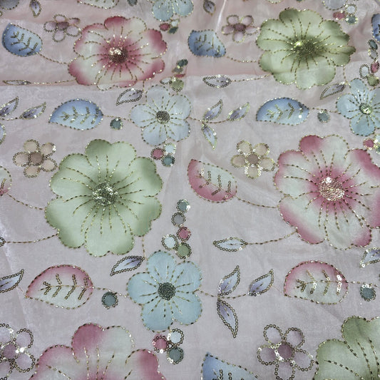 Dusty Pink Luxury Floral Bead Embroidered Organza Fabric Sheer Dress Wedding Saree Craft Material 44" By the Meter