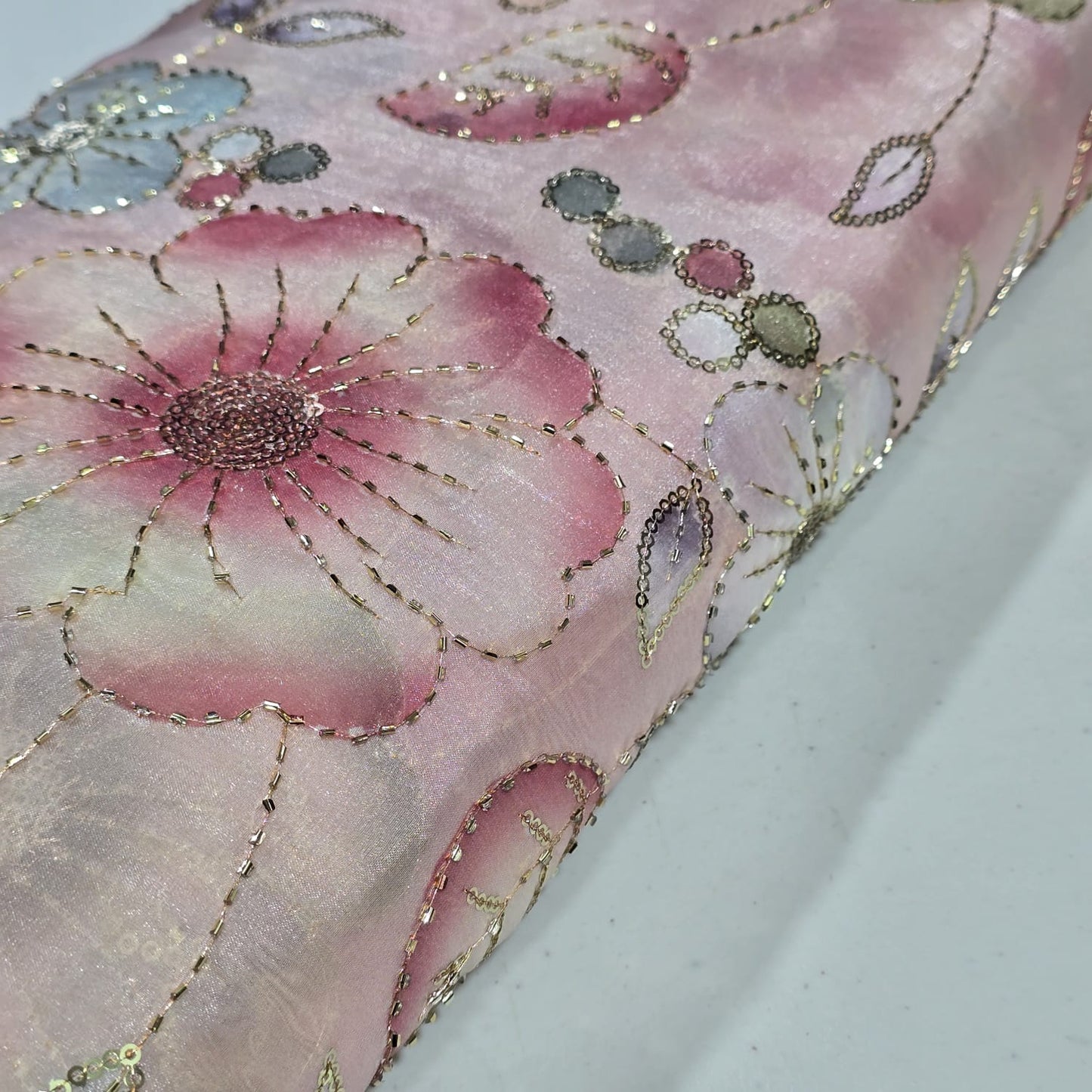 Dusty Pink Luxury Floral Bead Embroidered Organza Fabric Sheer Dress Wedding Saree Craft Material 44" By the Meter