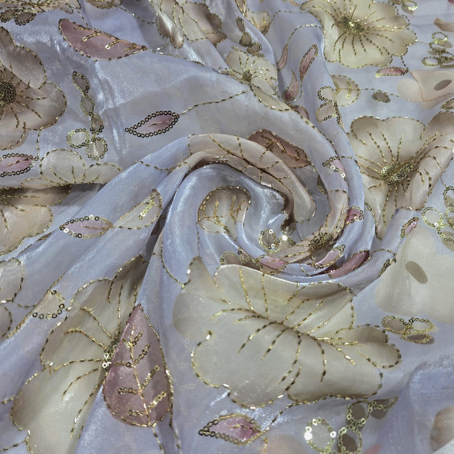 Silver Luxury Floral Bead Embroidered Organza Fabric Sheer Dress Wedding Saree Craft Material 44" By the Meter