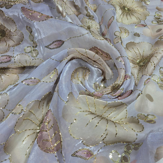 Silver Luxury Floral Bead Embroidered Organza Fabric Sheer Dress Wedding Saree Craft Material 44" By the Meter