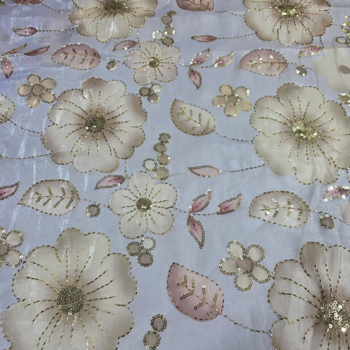 Silver Luxury Floral Bead Embroidered Organza Fabric Sheer Dress Wedding Saree Craft Material 44" By the Meter