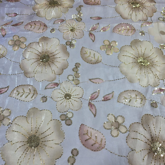 Silver Luxury Floral Bead Embroidered Organza Fabric Sheer Dress Wedding Saree Craft Material 44" By the Meter