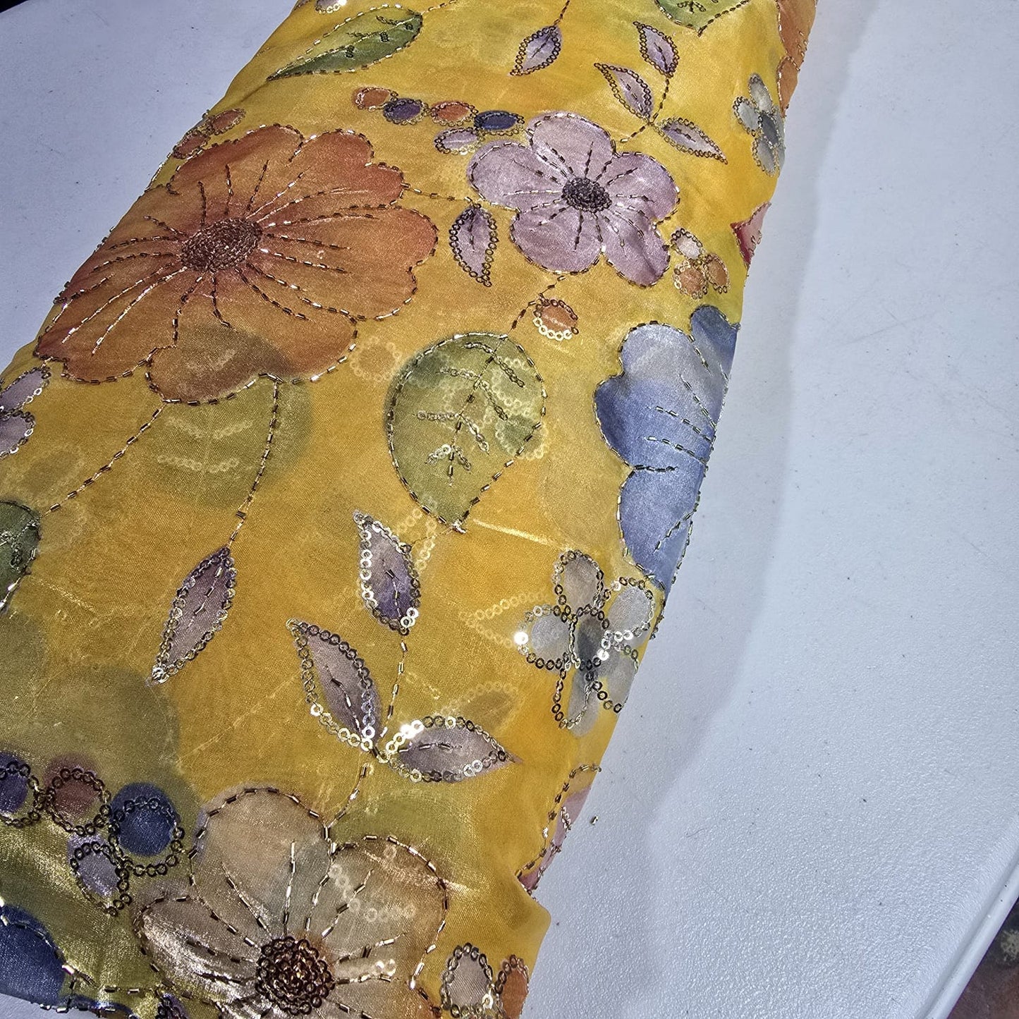 Yellow Luxury Floral Bead Embroidered Organza Fabric Sheer Dress Wedding Saree Craft Material 44" By the Meter