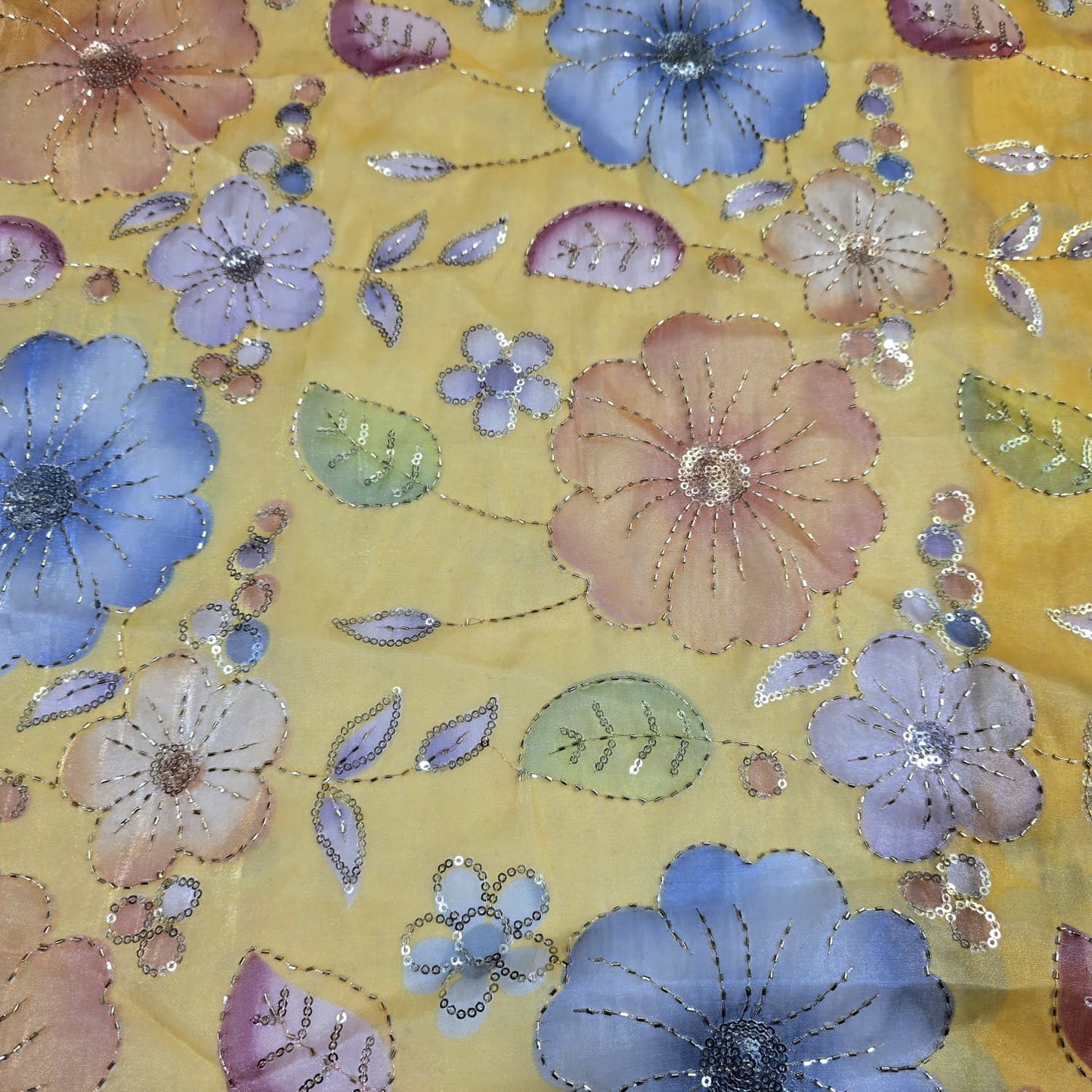 Yellow Luxury Floral Bead Embroidered Organza Fabric Sheer Dress Wedding Saree Craft Material 44" By the Meter