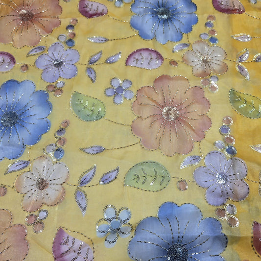 Yellow Luxury Floral Bead Embroidered Organza Fabric Sheer Dress Wedding Saree Craft Material 44" By the Meter