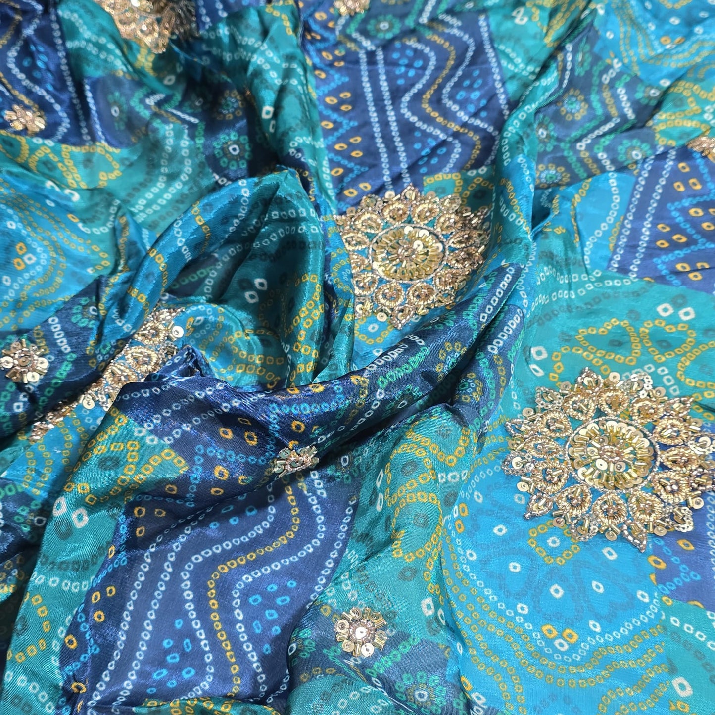 Turquoise Bandhani Print Organza Fabric with Plain Silk Fabric Indian Dress Saree Craft Material 44" By the Meter