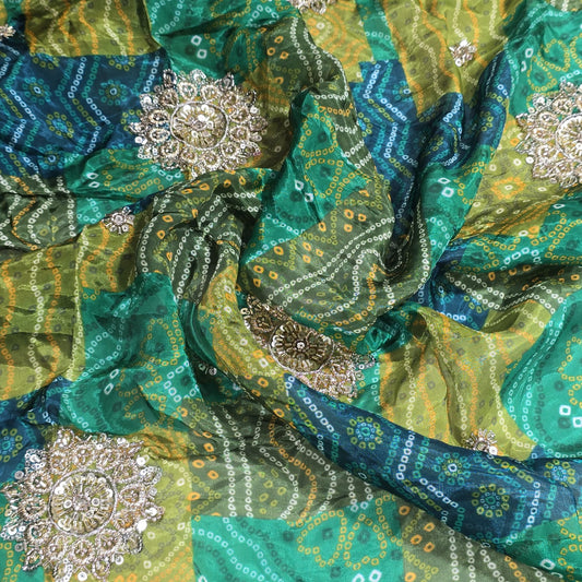Green Bandhani Print Organza Fabric with Plain Silk Fabric Indian Dress Saree Craft Material 44" By the Meter