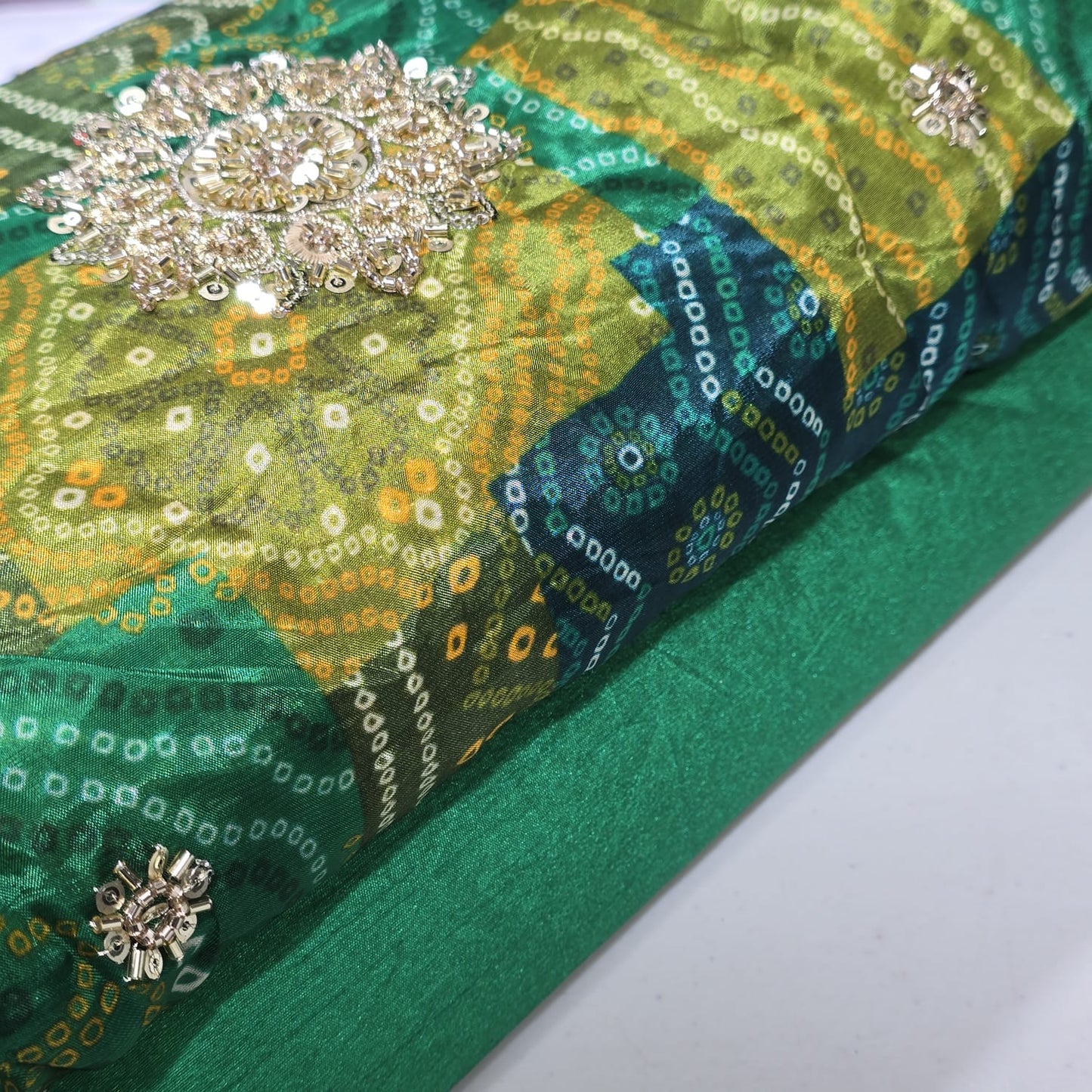 Green Bandhani Print Organza Fabric with Plain Silk Fabric Indian Dress Saree Craft Material 44" By the Meter