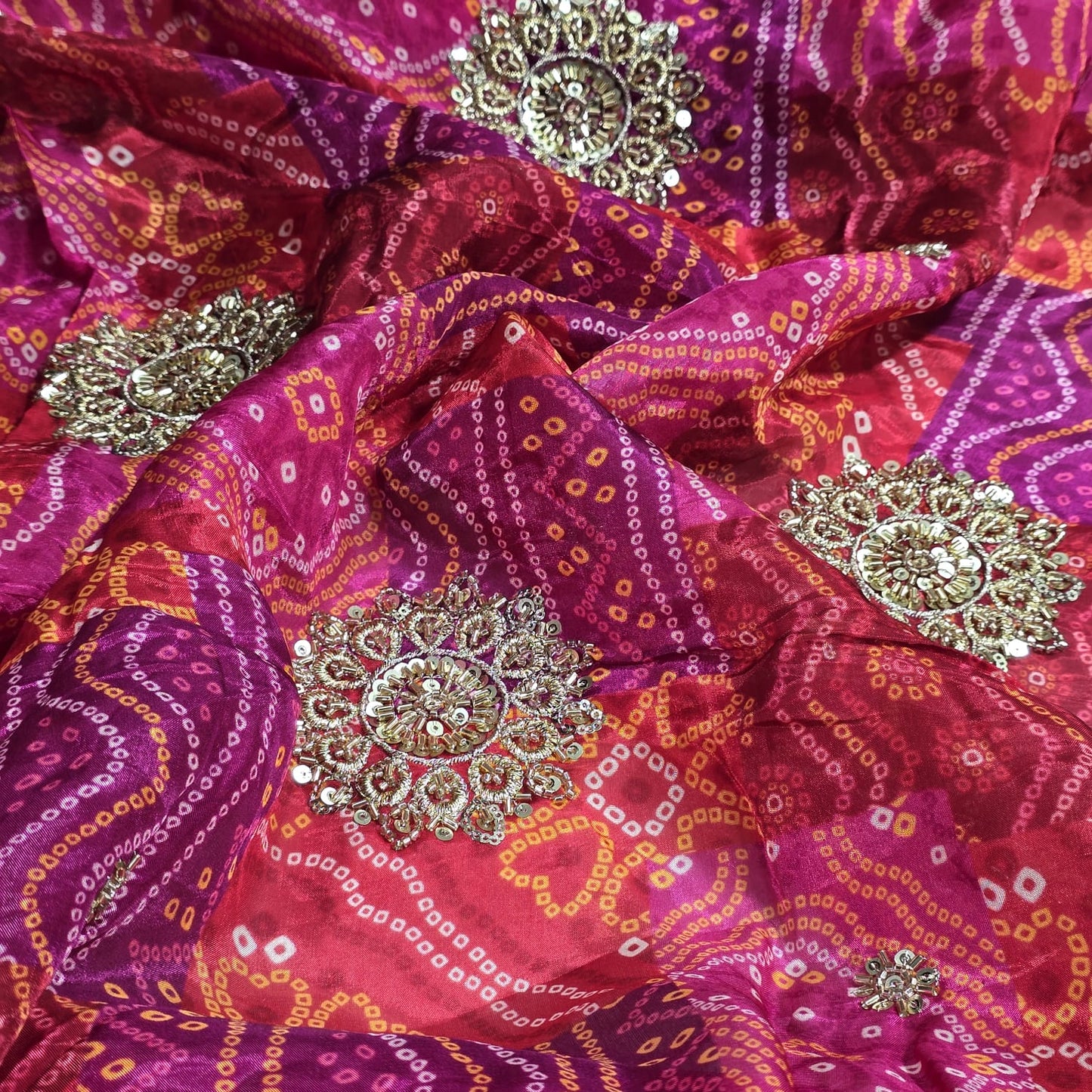 Hot Pink Bandhani Print Organza Fabric with Plain Silk Fabric Indian Dress Saree Craft Material 44" By the Meter